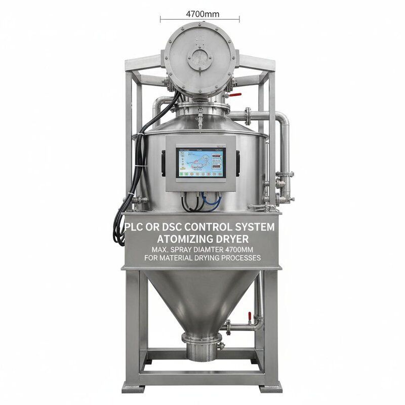 पीएलसी या डीएससी नियंत्रण प्रणाली एटमाइजिंग ड्रायर, अधिकतम स्प्रे व्यास 4700 मिमी, सामग्री सुखाने की प्रक्रियाओं के लिए डिज़ाइन किया गया